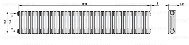 Схема (чертеж) Радиатор Zehnder Charleston 3030/36 №1270 Белый глянцевый RAL 9016